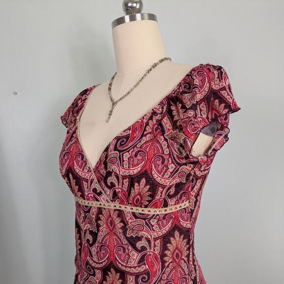 Y2K Babydoll Dress L Red Vintage Floral Paisley Beige Ribbon Feminine Dainty - Picture 6 of 11